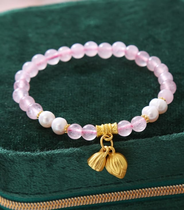 Myrtilus 14K Gold-Plated Rose Quartz & Pearl Healing Bracelet – Lotus Charm Jewelry for Women
