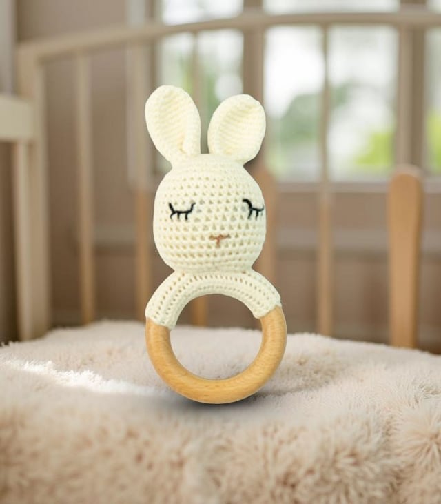 Myrtilus Crochet Bunny Rattle Teether – Handmade in Cotton
