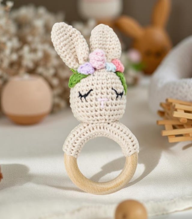 Myrtilus Crochet Bunny Teether – Handmade in Cotton